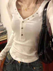 Spicy Girl Style V-Neck Short Sleeve Women's T-shirt Slim Fit Asymmetrical Design Early Autumn Fashion Casual Top