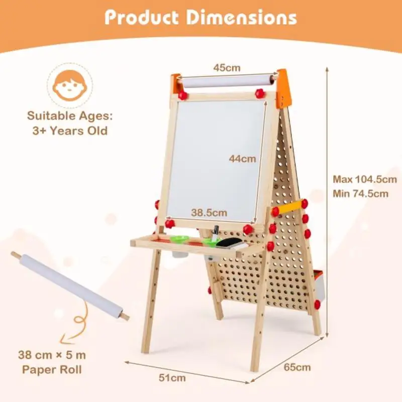 4-in-1 Wooden Kids Art Easel Double-Sided Foldable with Paper Roll and Storage Tray