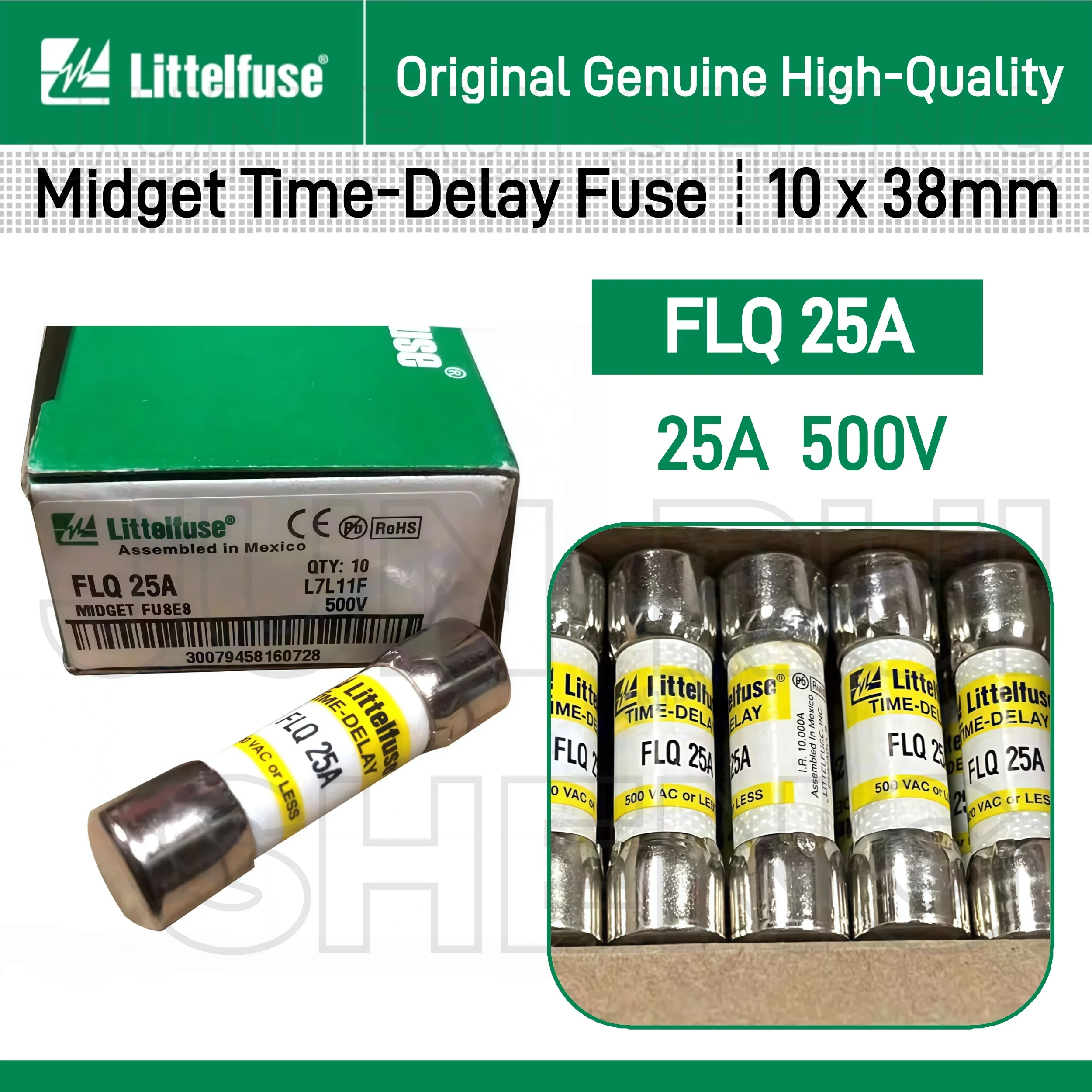 

Оригинальный предохранитель Littelfuse FLQ-25A (FLQ 25A) с задержкой действия, медленного срабатывания, 500В, 10*38мм