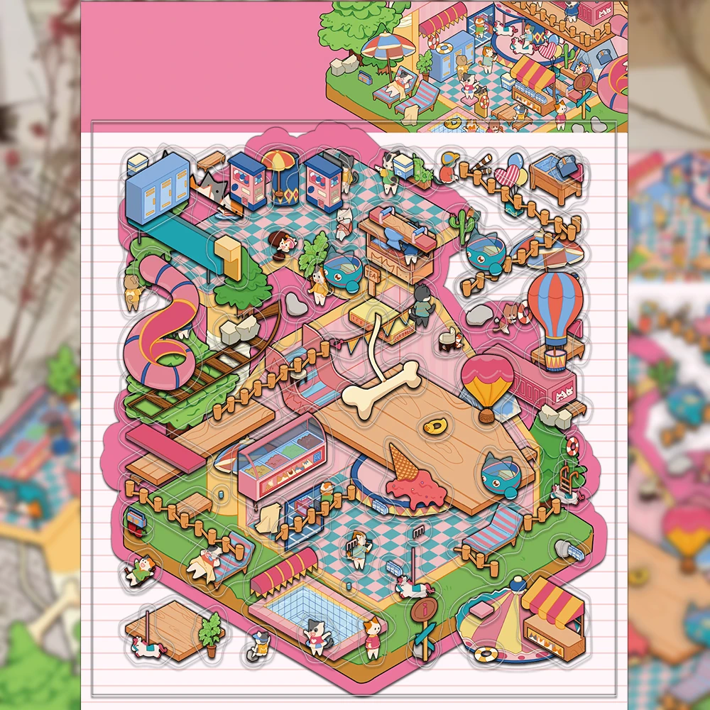 3PCS Creative Mini Shrink World Cat and Dog Park Landscape DIY Niche Decompression PET Transparent Material Stickers