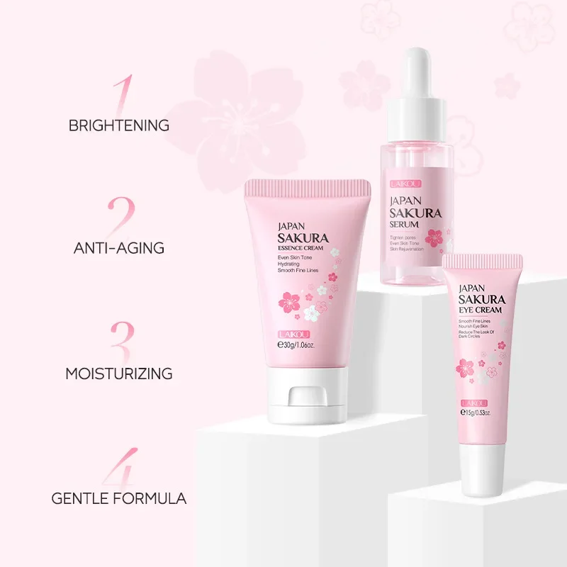 LAIKOU Japanese Sakura Skincare Set 3 Pieces Set of Essences Eye Creams Face Creams moisturizing Shrink pores Skincare Products