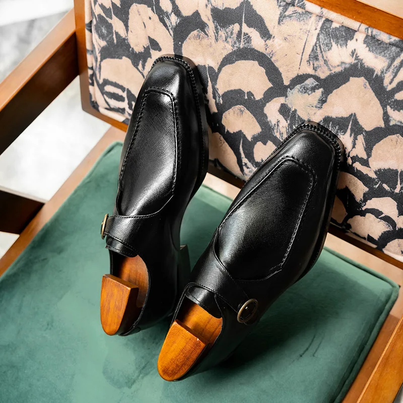 New Korean-style trendy business formal leather square-toed men's shoes Single-buckle monk shoes
