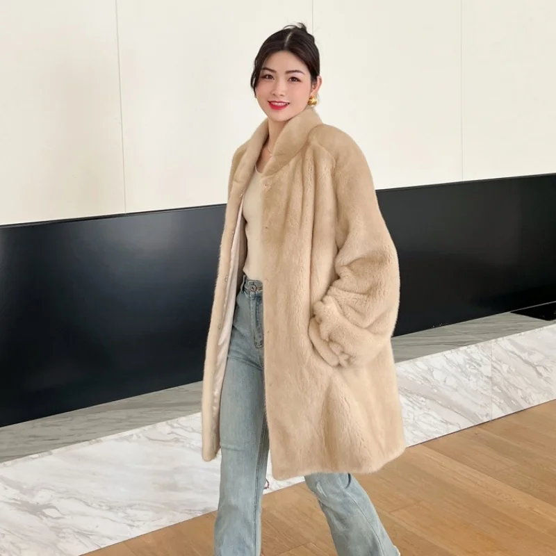 New Fashion Real Mink Fur Women Winter Coat Stand Collar Natural Mink Whole Fur Long  Plus Size  Female Mink Fur Jacket