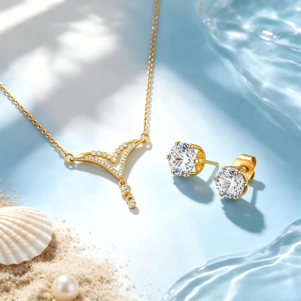 V Shape Cubic Zirconia Pendant Necklace Round Solitaire CZ Stud Earrings Stainless Steel Jewelry Set for Party Wedding Gift
