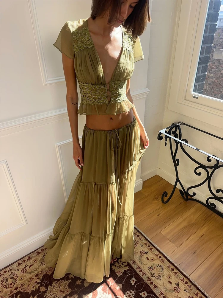 

Lace Women Patchwork Skirt Set​s Sexy V-neck Short Sleeve A-line Belted Waist Floral Print Dress Summer Daily Date 2026 Wears