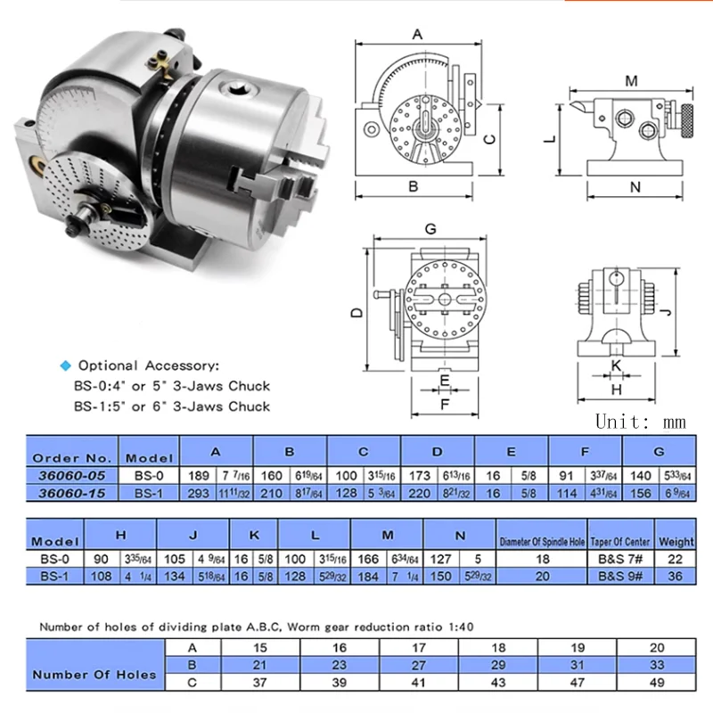 BS-5 Inch Indexing Head Unit, Semi Universal with Indexing Plates Tailstock & 125mm 3-Jaw Chuck for Processing Operation