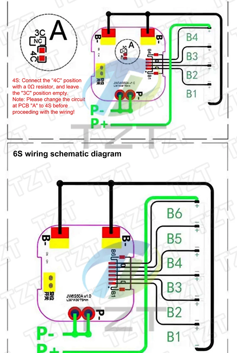 1/3 Stück TZT 3S 4S 6S 12V 16,8V 24V 50A BMS Ternäre Li-Ionen-Lithium-Batterie-Schutzplatine mit Temperaturschutz – Detail 3