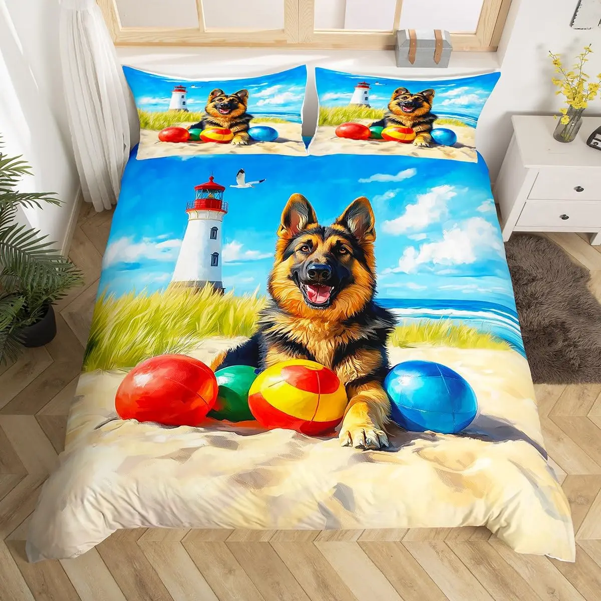 

German Shepherd Dog Duvet Cover Set Twin,Nautical Lighthouse Cute Animal Bedding Set,Ocean Beach Hawaii Summer Comforter Cover