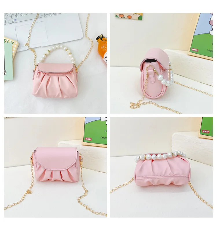 Beaded Handle Children\'s Chain Crossbody Bags Pleated PU Leather Baby Girls Small Shoulder Bag Cute Princess Coin Purse Handbags