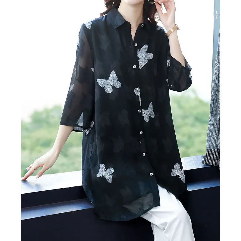 Fashion Women\'s Casual Printed Spliced Chiffon Shirt Summer Korean All-match 3/4 Sleeve Single-breasted Blouse Female Clothing