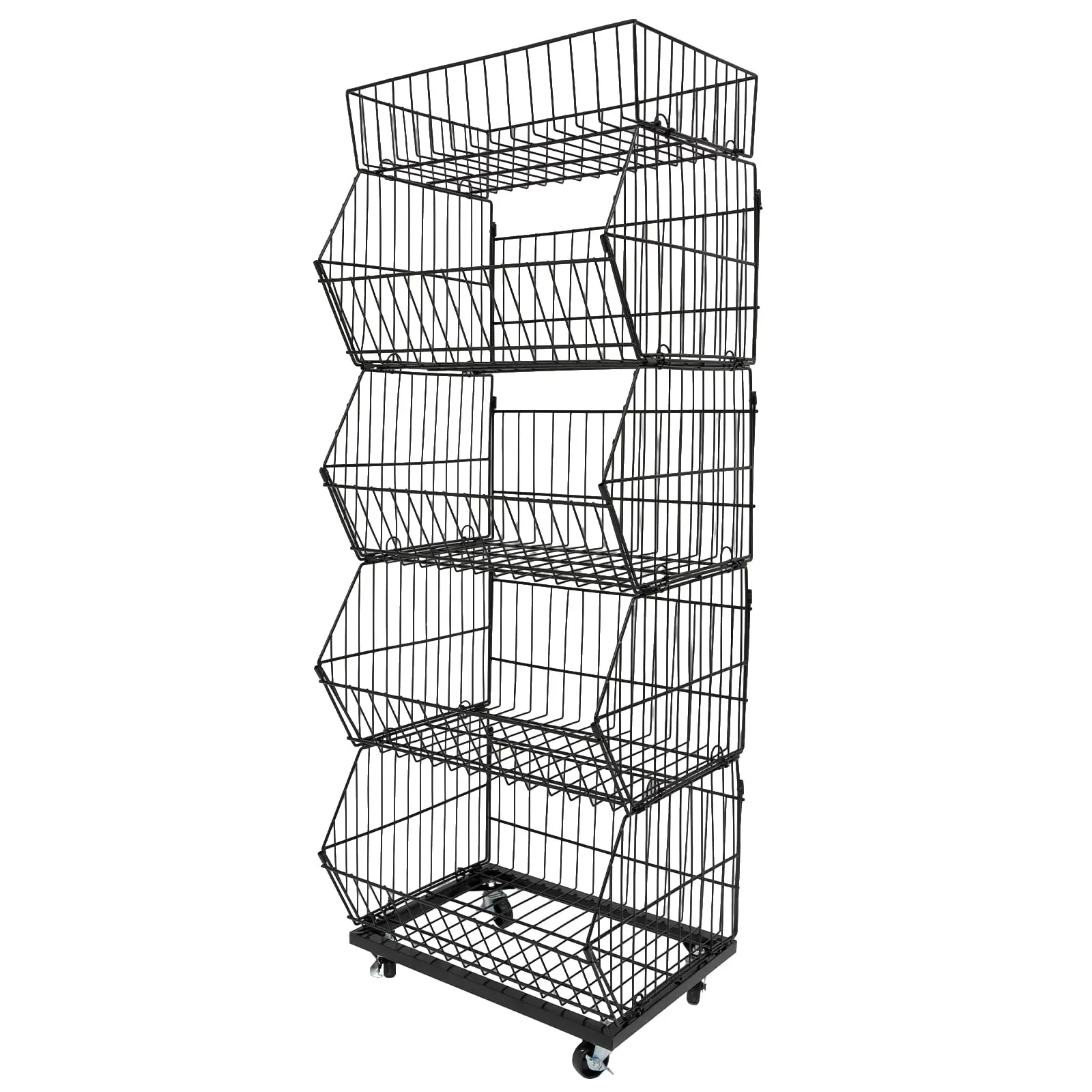 Espositore per vendita al dettaglio a 5 livelli, scaffale organizer per cestini in filo metallico con ruote, carrello portaoggetti per frutta e verdura per supermercato, Co