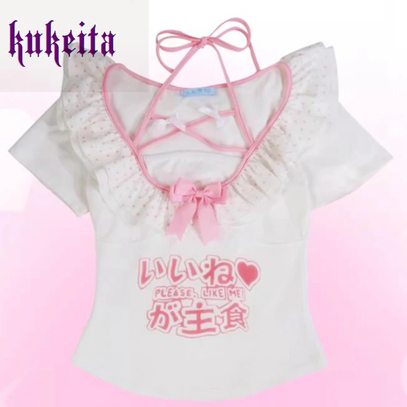 Women Y2k Sweet Crop Top Tee Fairy Grunge Japanese Style Print Lolita T-shirt Harajuku Kawaii Bow Wave dot printed Ruffles Tops