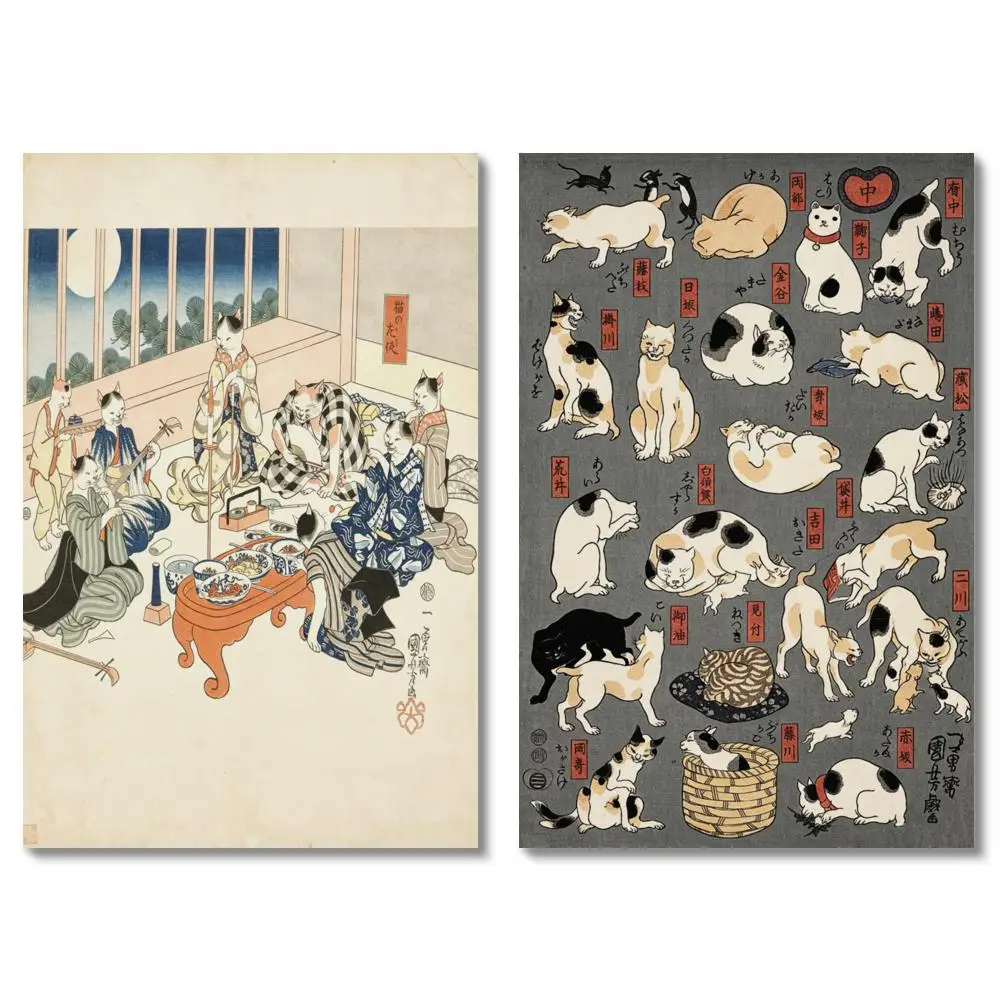Large Utagawa Kuniyoshi Cats Canvas Art HD Print Blue Japanese Ukiyo e Cute Animal Illustration Wall Decor for Hallway Kids Room