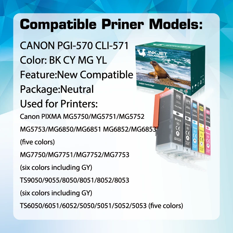 570XXL 571XXL PGI570 CLI571 1SET 6PCS Compatible Ink Cartridge for Canon Pixma MG5700 MG5750 MG5751 MG5752 MG5753 MG6800 MG6850