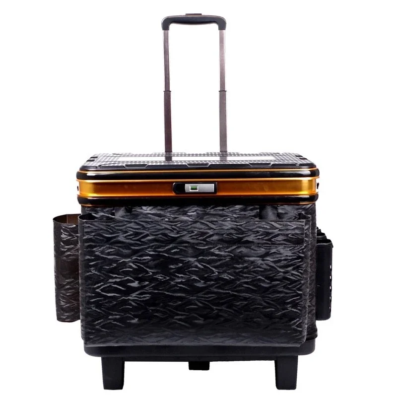 

Multifunctional fishing gear trolley case Thickened large wheel hard cover lock black pit fishing case Large capacity fish