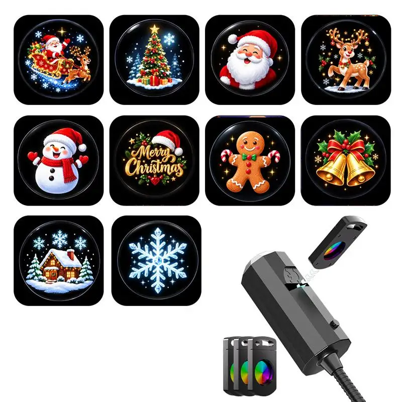 LED USB Christmas Projector Light with Adjustable Santa, Snowman and Tree Patterns for Holiday Decor