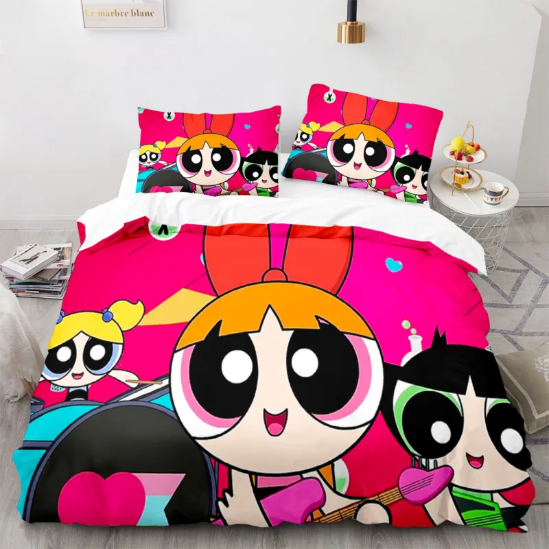 The Powerpuff Girls Bed Covers Bedding Set,Modern Printed 3-Piece Set Queen Comforter Sets Disney Princess Bed Linen