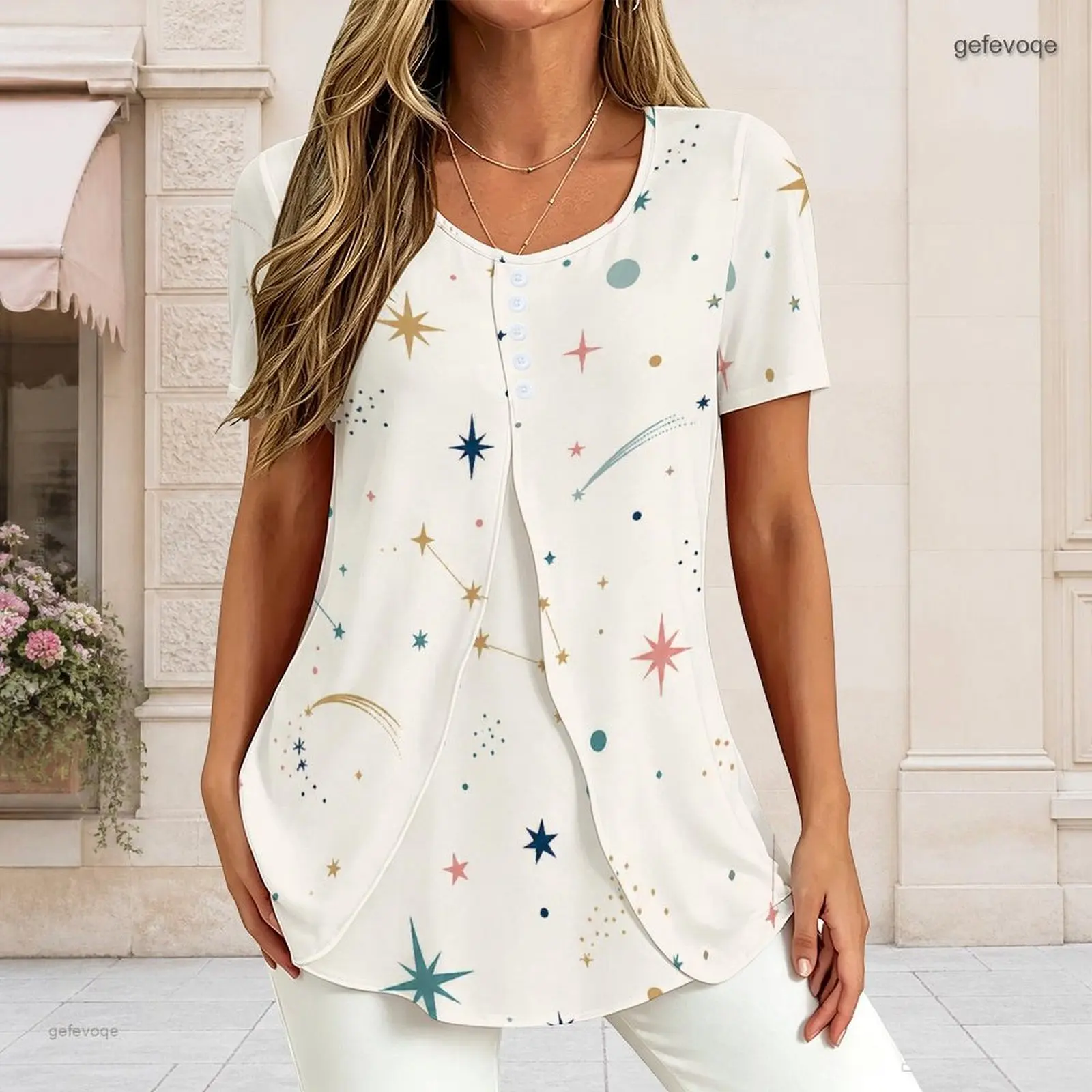 Women V Neck Short Sleeve T Shirt Half Button Placket Fake Two Piece Layered Curved Hem Loose Tunic Top Custom Print Ladies Casu