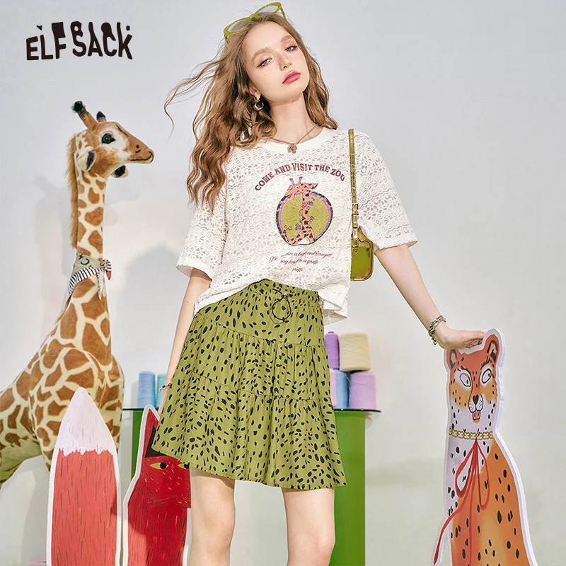 ELFSACK 2024 Summer New Leopard Pattern A-line Half Skirt Women's Elastic Waist Pig Nose Buckle Design Short Skirt