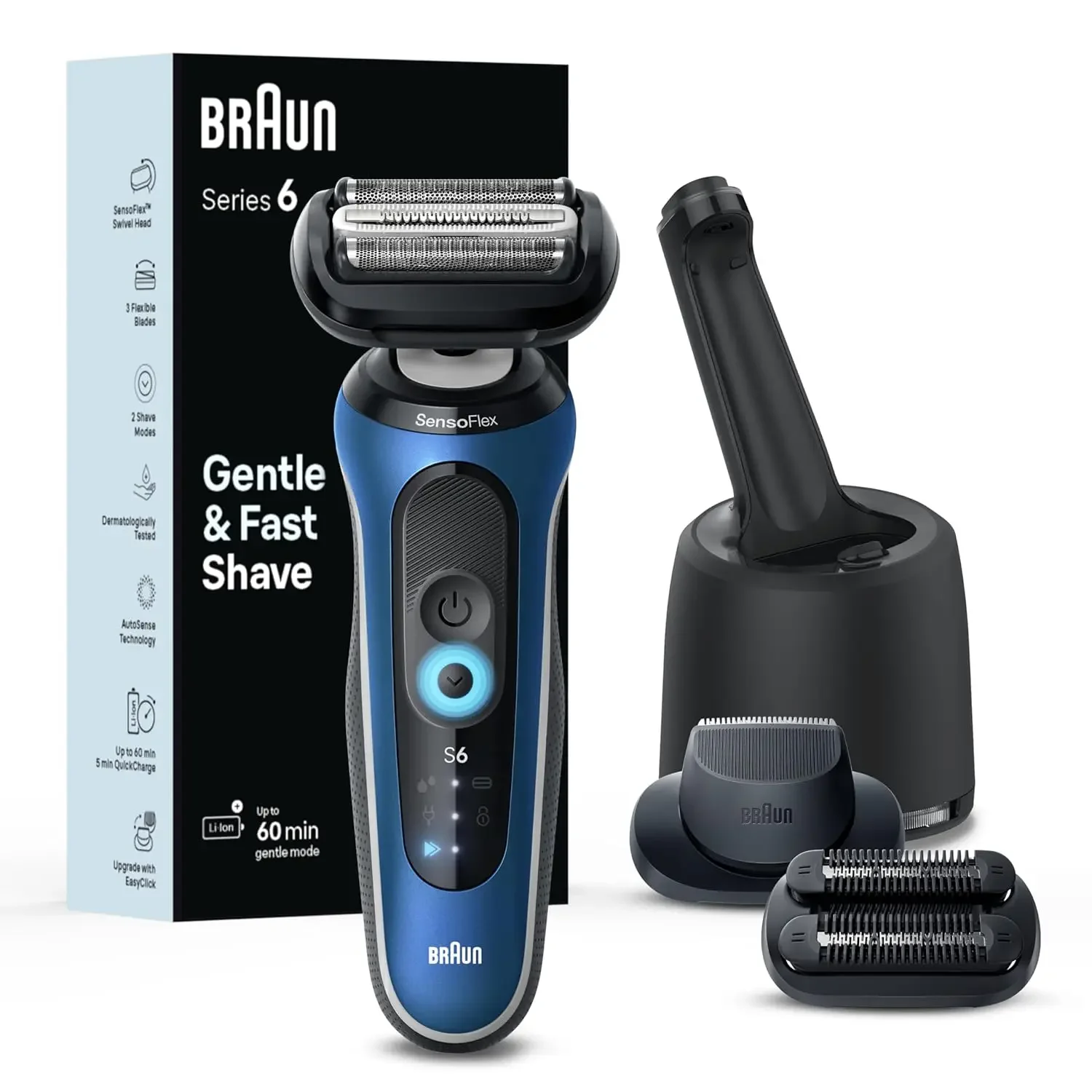 Electric Shaver for Men, Series 6 6177cc, Wet & Dry Shave, Turbo & Gentle Shaving Modes, Foil Shaver, Blue