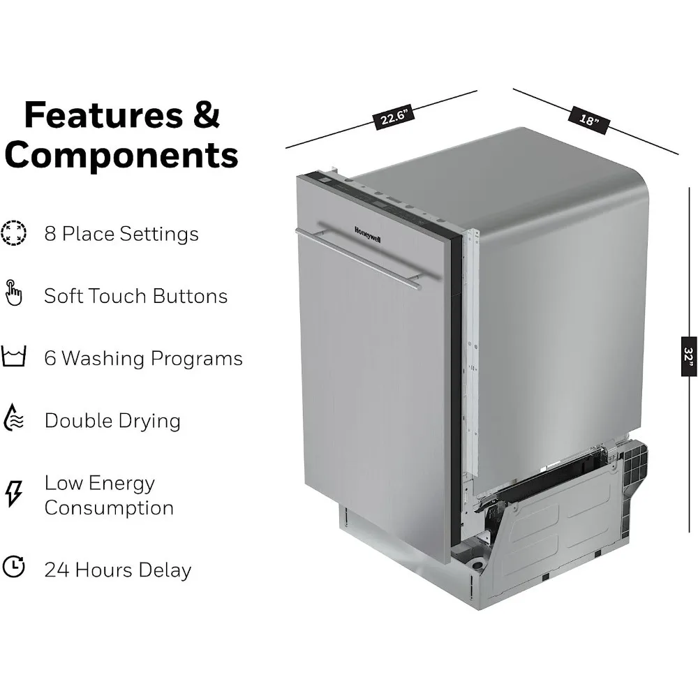 Honeywell mesin cuci piring 18 inci, dengan pengaturan 8 tempat, 6 program cuci, bak Stainless Steel, UL/Energy Star- Stainless Steel