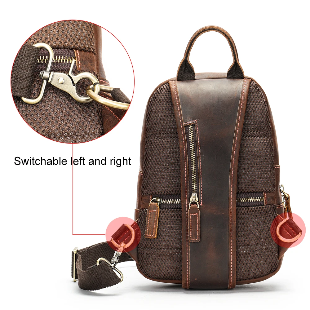 New Brand Designer Genuine Leather Men's Chest Bag Crazy Horse Leather Casual One Shoulder Crossbody Bag With USB Port image 5