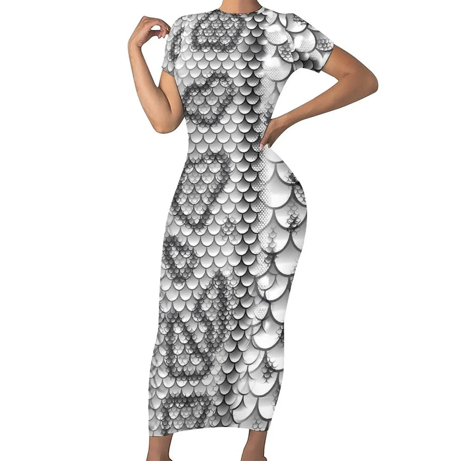 White And Grey Snake Skin Print Dress Female Street Wear Bodycon Dress Spring Short Sleeve Sexy Maxi Dresses Oversized Vestidos