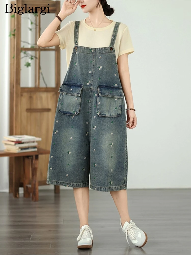 

Oversized Jeans Summer Overalls Knee Length Women Flower Embroidery Fashion Ladies Trousers Wide Leg Loose Woman Knee Length