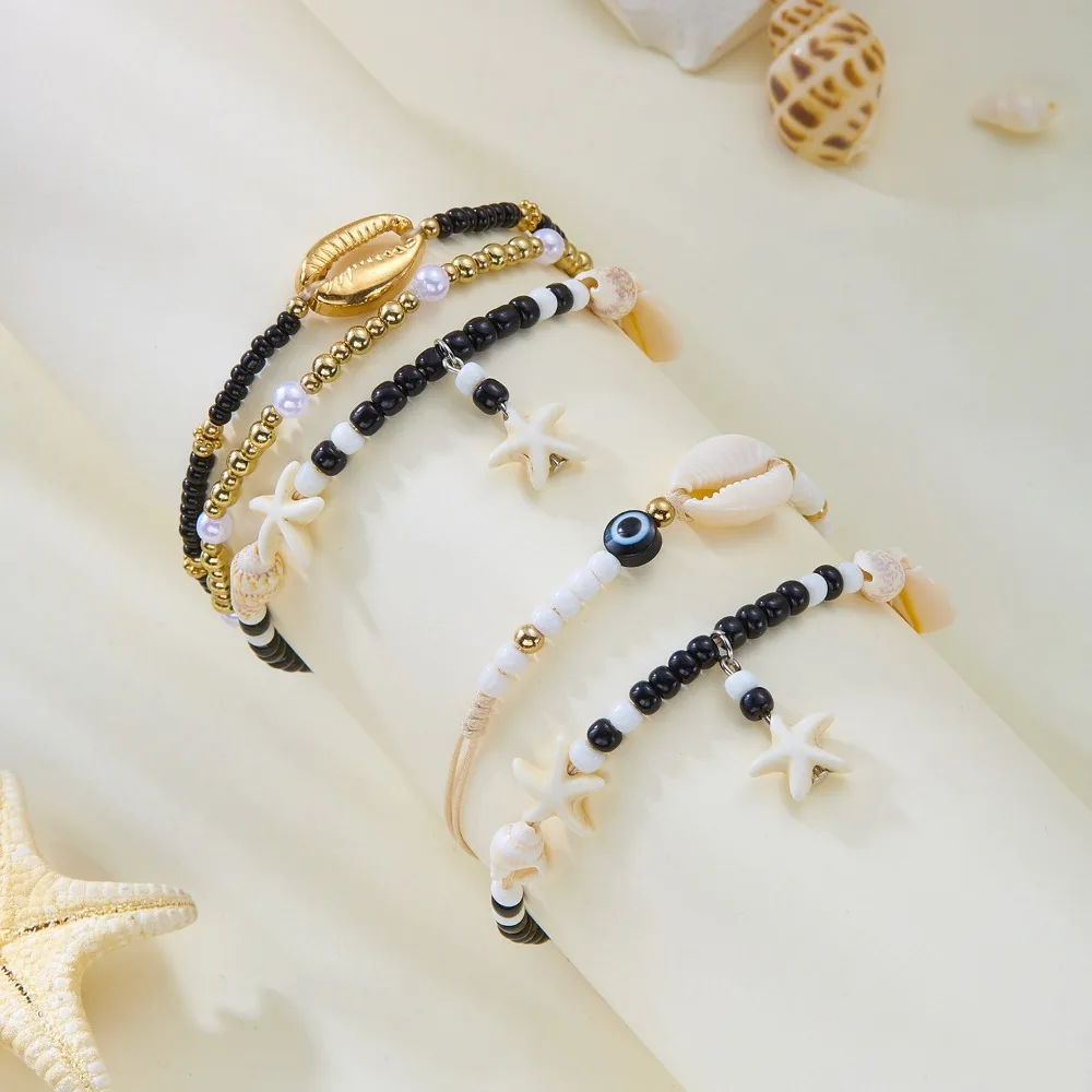 Multi-piece Set Personality Retro Hand Woven Mini Seed Bead Inlaid Evil Eye Starfish Shell Anklets for Women Beach Jewelry Sets