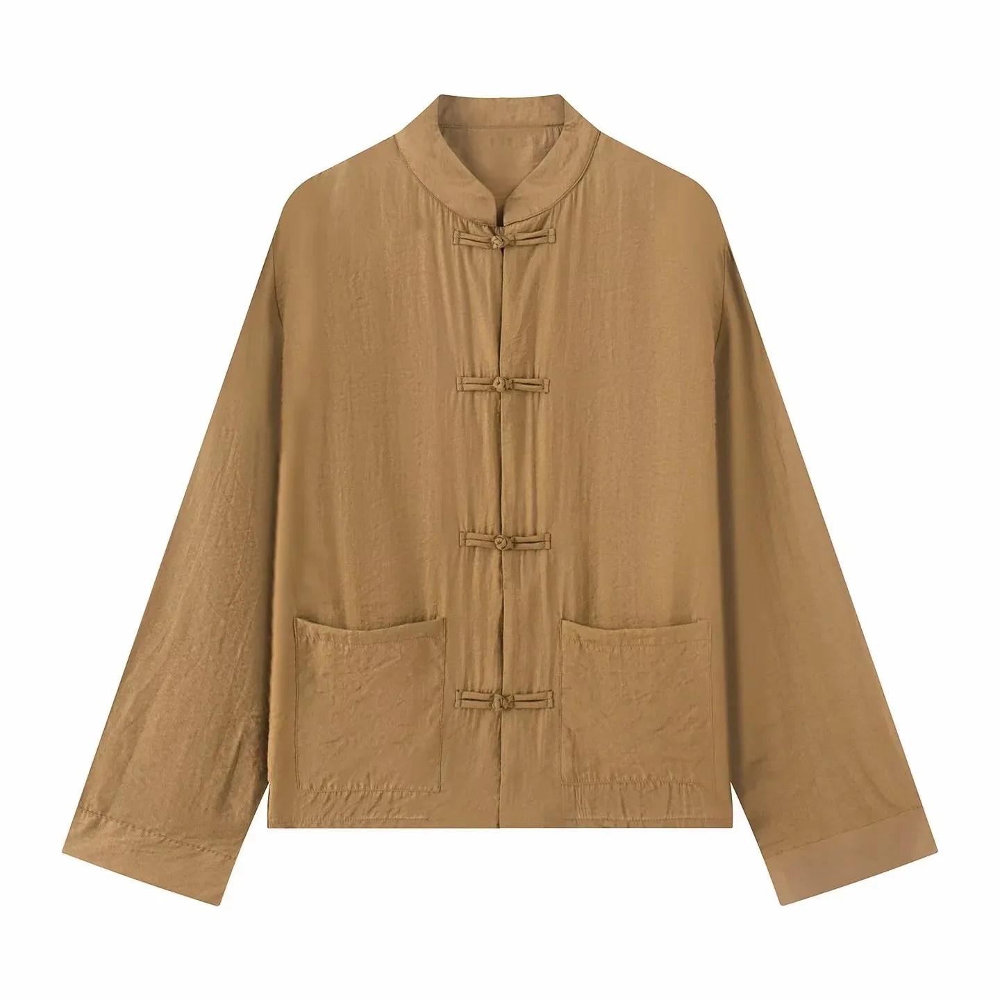 Damen Mode Satin-Knotenknopf-Hemd Vintage Damen Rundhals-Kragen Langarm-Bluse Elegantes Damenhemd – Detail 3