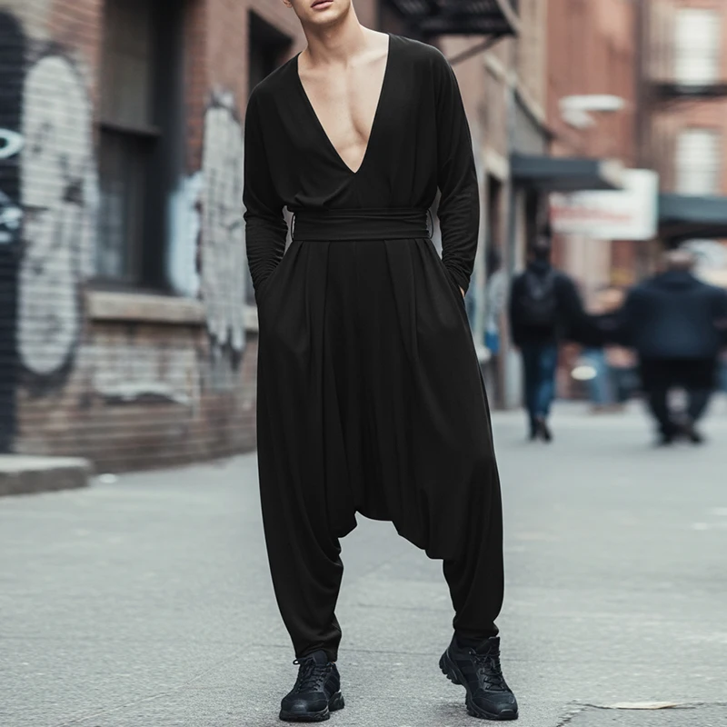 Фото Мужской комбинезон INCERUN: однотонный, с длинным рукавом, глубоким V-образным вырезом, свободные брюки-шаровары, повседневный уличный стиль, 2026