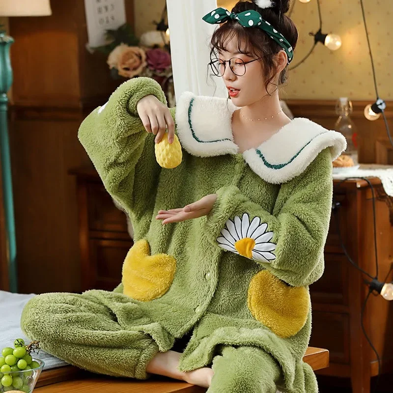 2023 Pajamas Women Flannel Winter New Coral Fleece Autumn Sleepwear Thickened Warm Home Furnishing Stylish and Comfortable Set