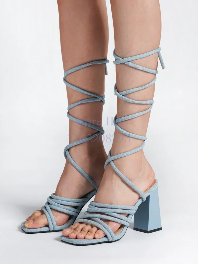 

Sexy Cross Straps Chunky Heel Sandals Solid Square Toe Wrap-around Lace-up Pumps Elegant 2025 Women Summer Fashion Dress Shoes
