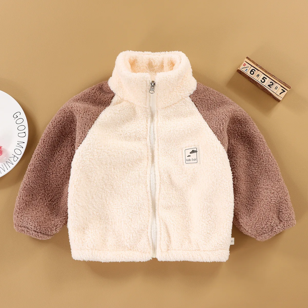 2026 Autumn Winter Children Plush Coat Baby Boys Girls Color Blocked Zipper Long Sleeve Top Kids Casual Warm Jacket Outerwear 4