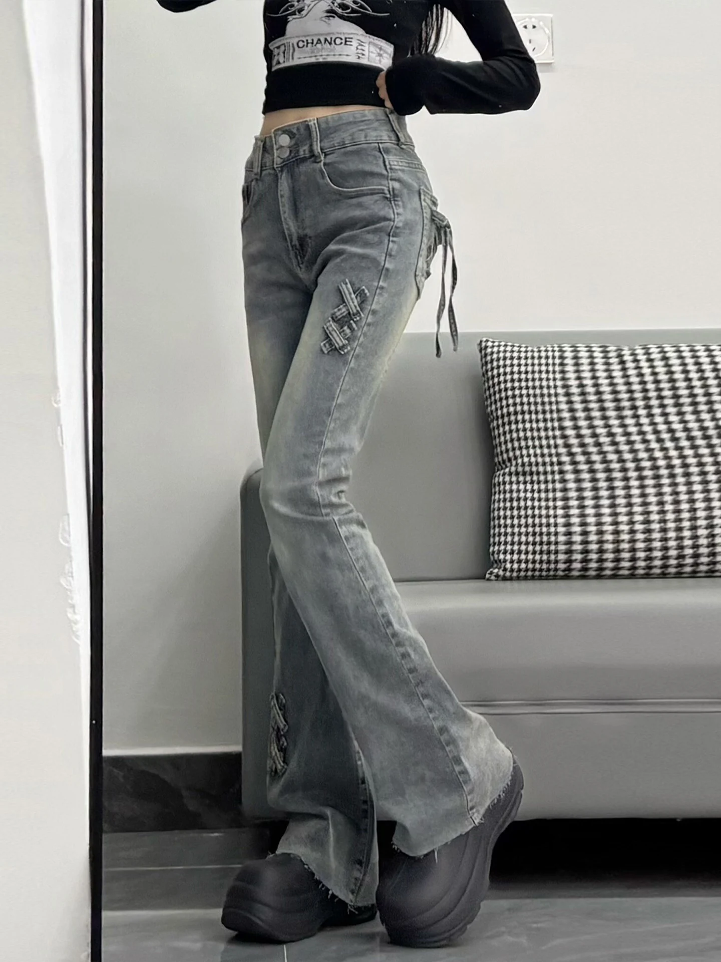 Damskie jeansy w stylu retro, wyszczuplające, z podwójnym wiązaniem, z wysokim stanem, elastyczne, rozszerzane, długie do podłogi.