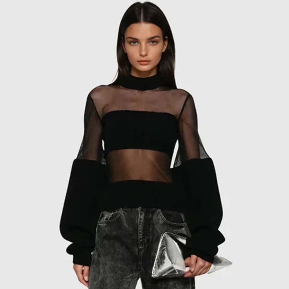 

Apprabant Women's Top Fashion Solid Color Mesh Patchwork High Neck Sexy See Through Long Sleeve Slim Sheer T-shirt Streetwear