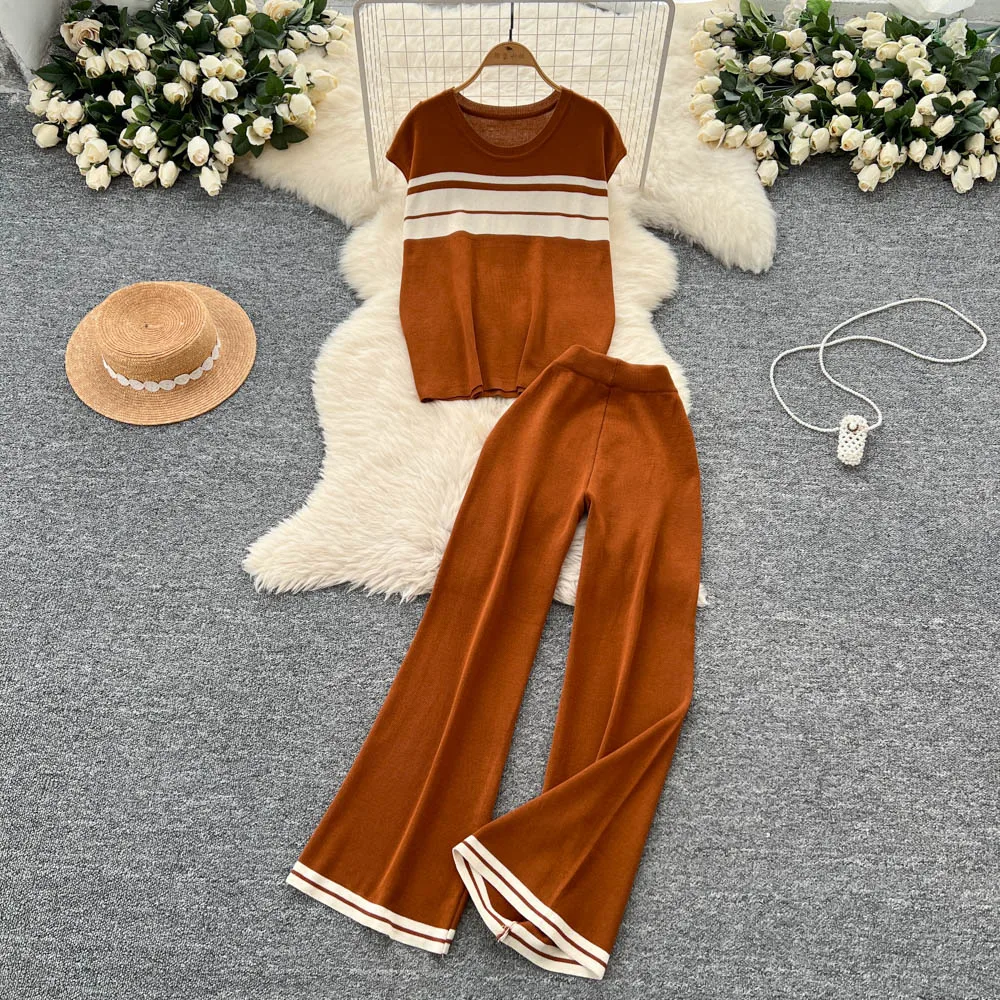 

Sexy Two Pieces Sets Chic Pleated Knit patchwork Top with Fashion Hotsweet High Waist Wide Leg Pant Sets
