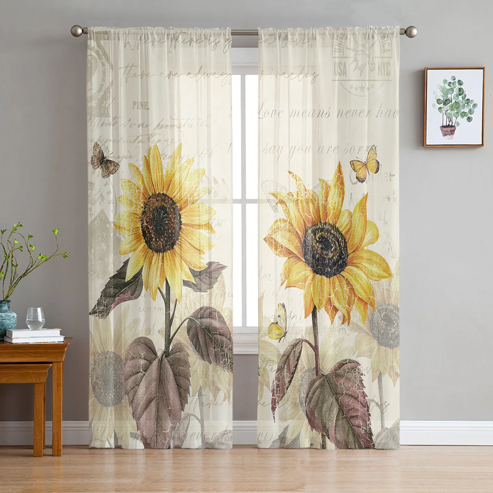 

Retro Flower Butterfly Sunflower Window Treatment Tulle Modern Sheer Curtains for Kitchen Living Room Bedroom Curtains Decor