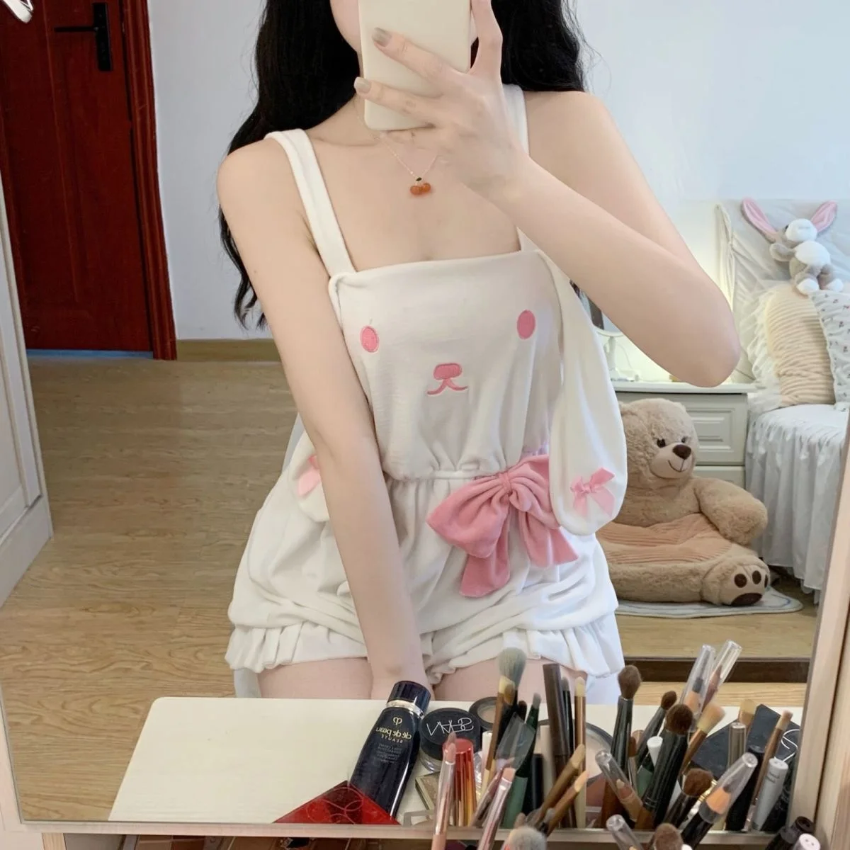 

2025 Women's Cute Rabbit Sling Romper - Sweet Bowknot Ruffle Pajamas, Kawaii Homewear Casual Loungewear Jumpsuit