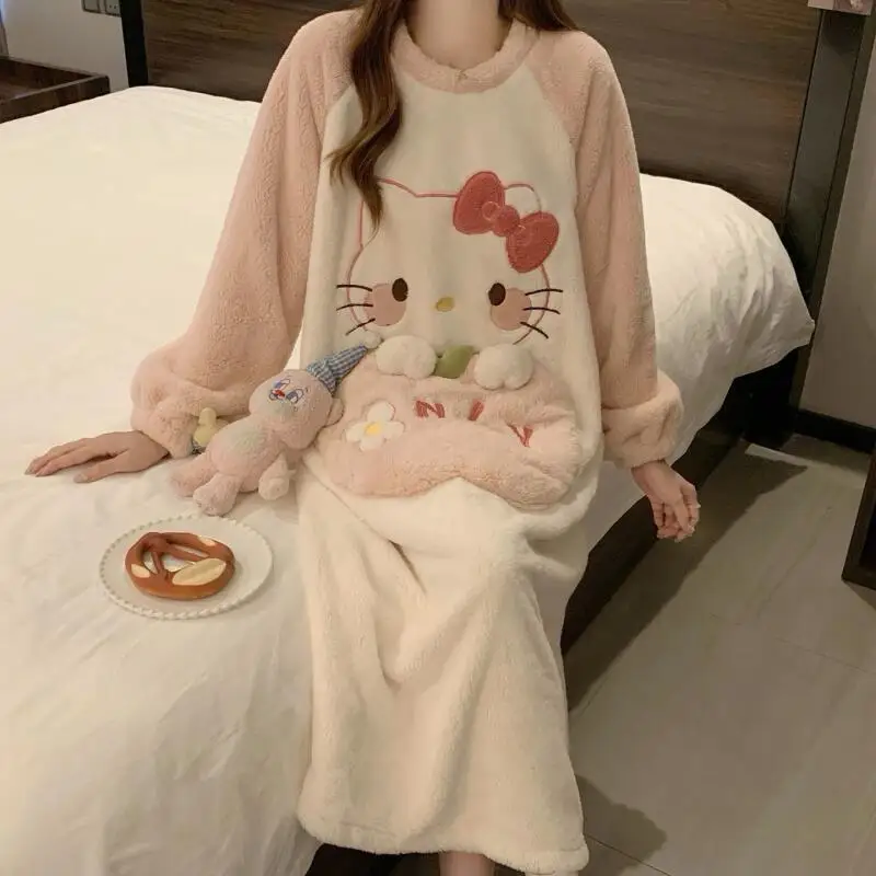 Winter Nightgown Hello Kitty Women's Autumn Winter Coral Velvet Thickened Warm Pajamas Flannel Cute Cartoon Home Clothes Ins