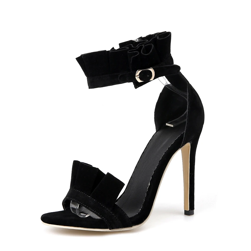 Summer New Pink Fashion Black Women Sandals Ruffles Round Toe High Thin Heels Lady Party Shoes Plus Big Size 12 43 47 49 52