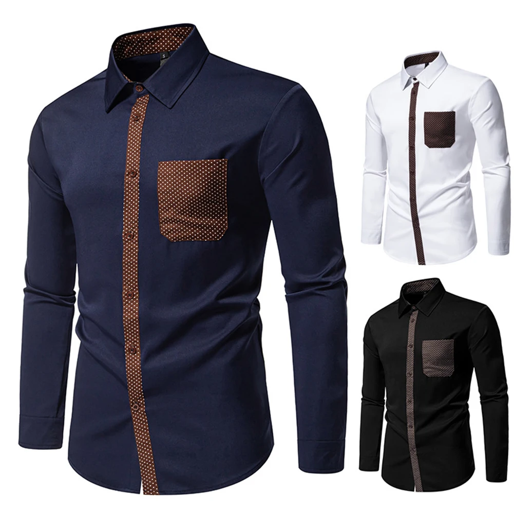 Men Spring Autumn Daily Color Patchwork Slim Fit Long Sleeve Shirts Fashion Casual Top Lapel Streetwear