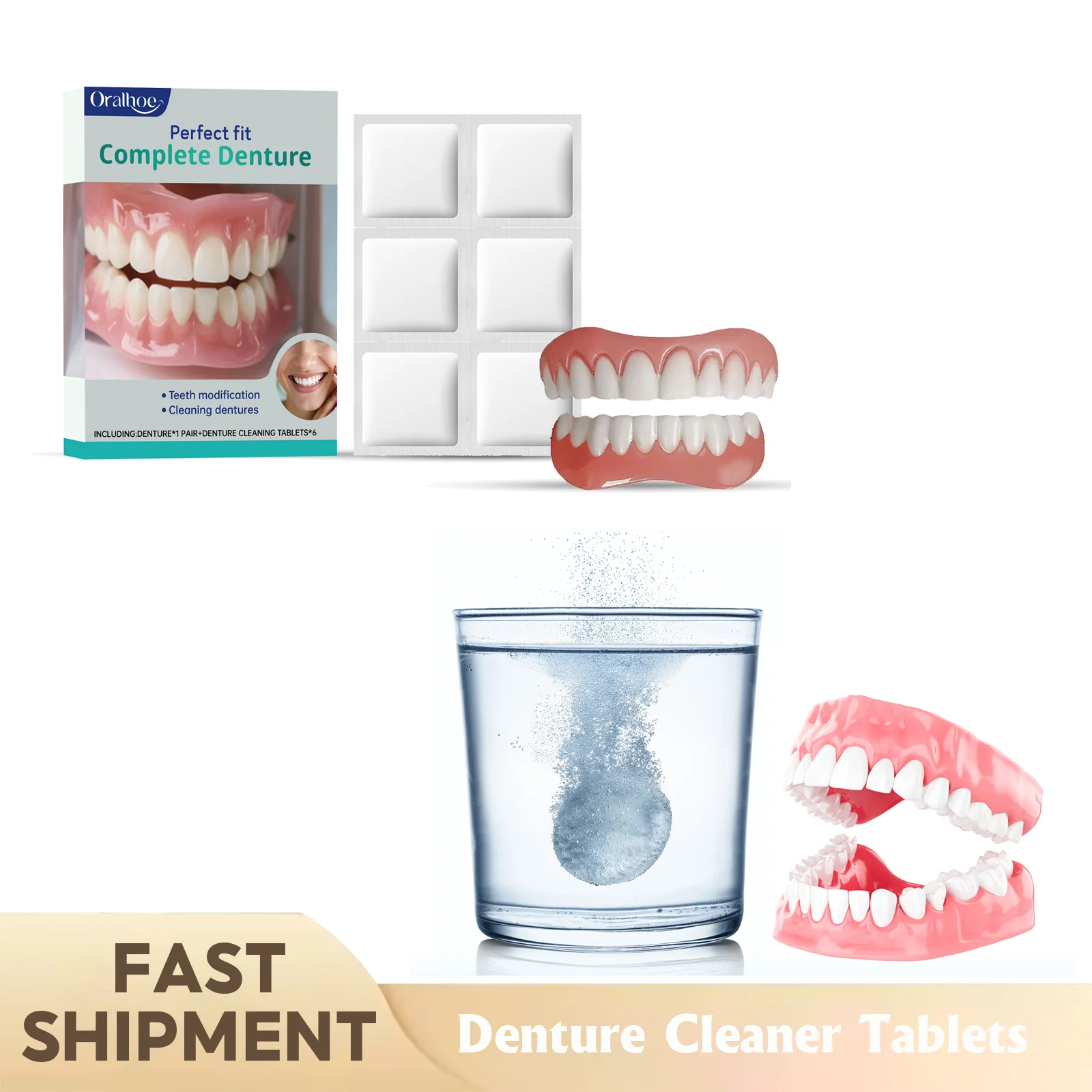 Silicone Denture Set With Falsetooth Cleaner Tablets Remove Bacteria Bad Odors Fake Tooth Simulation Braces Soft Denture Kit