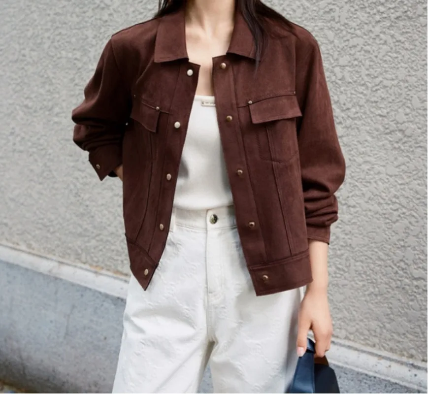 2024 New Autumn Brown Jacket Women Spring Vintage Women\'s Suede Leather Jacket Windbreaker New in Coat Streewear Women Clothes