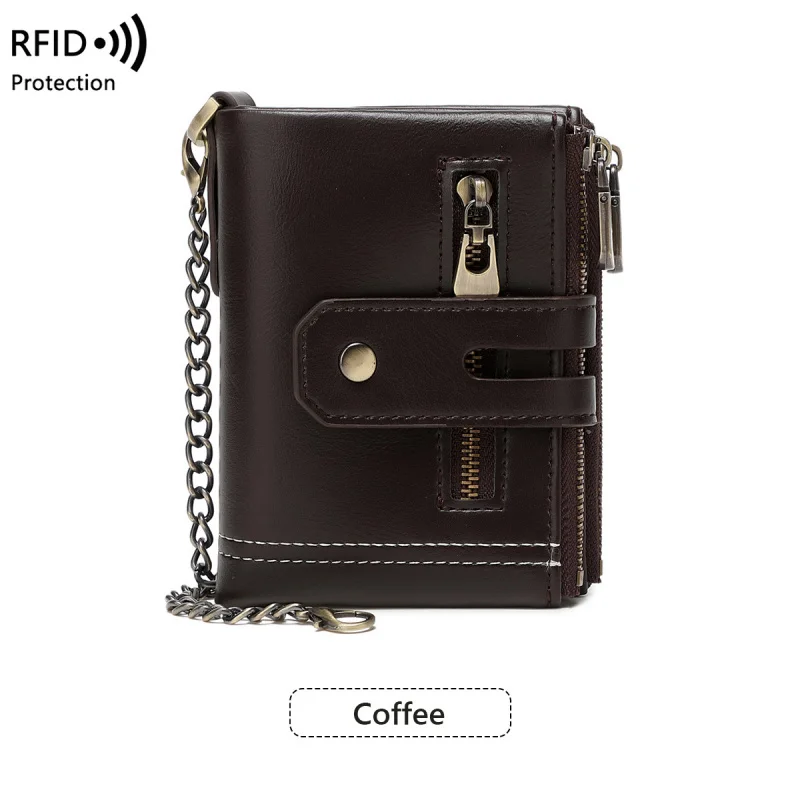 Western RFID Blocking PU Leather Chain Men Wallet Large Capacity Multifunctional Three Floded Coin Purse for Mens