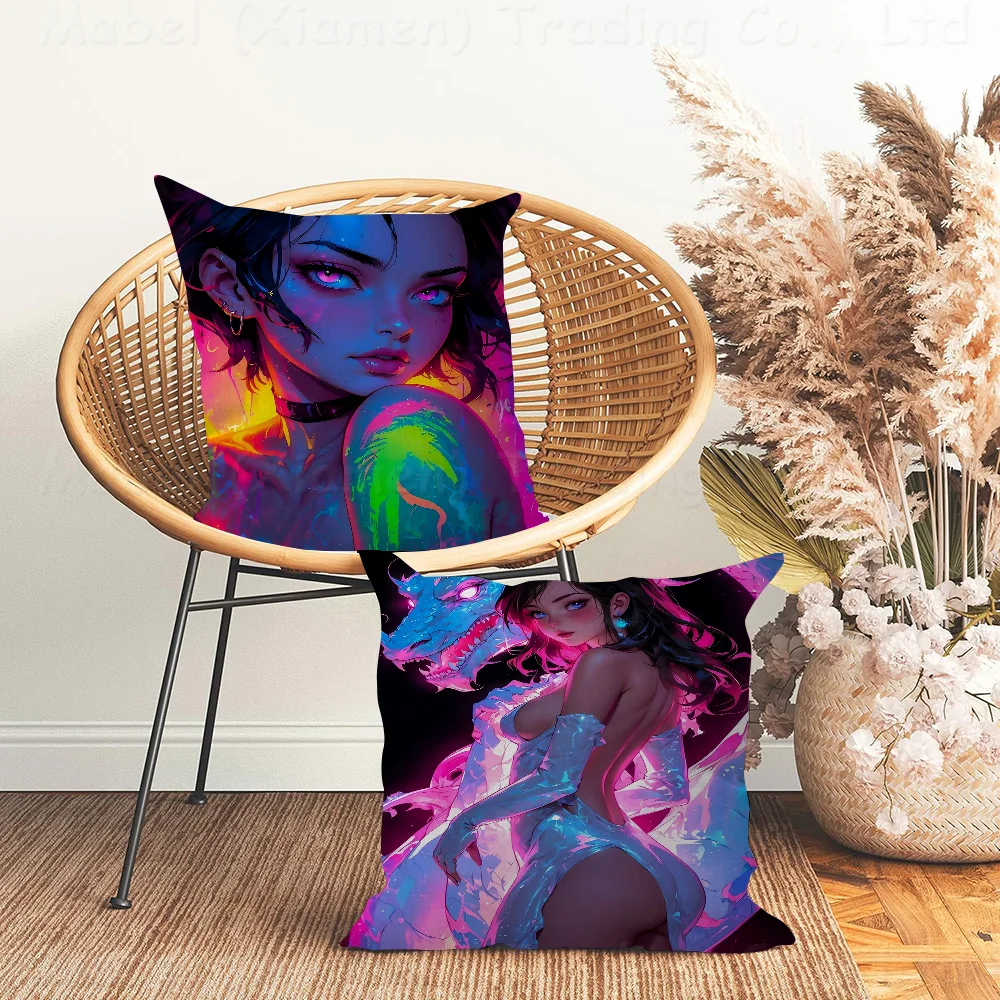 

Colorful Neon Sexy Anime Cool Girl Pillow Gifts Home Office Furnishings Bedroom Sofa Car Cushion Cover Case 45x45cm