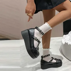 DoraTasia Fashion Black Gothic Round Toe Chunky Heel Ladies Mary Jane Cute Heart Party Nightclub Shoes Woman