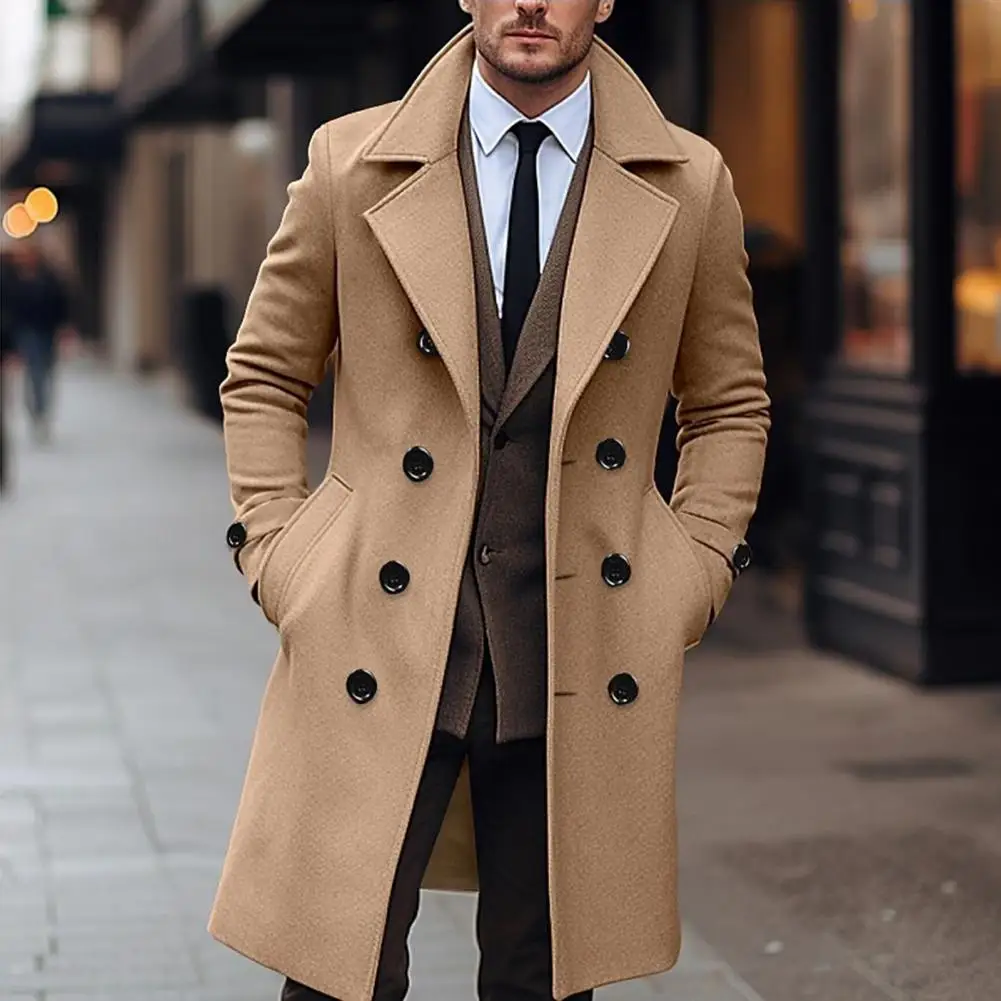 Men Woolen Coat Double Breasted Lapel Long Woolen Coat Long Sleeve Pockets Windbreaker Solid Color Mid-length Men Coat Outwear