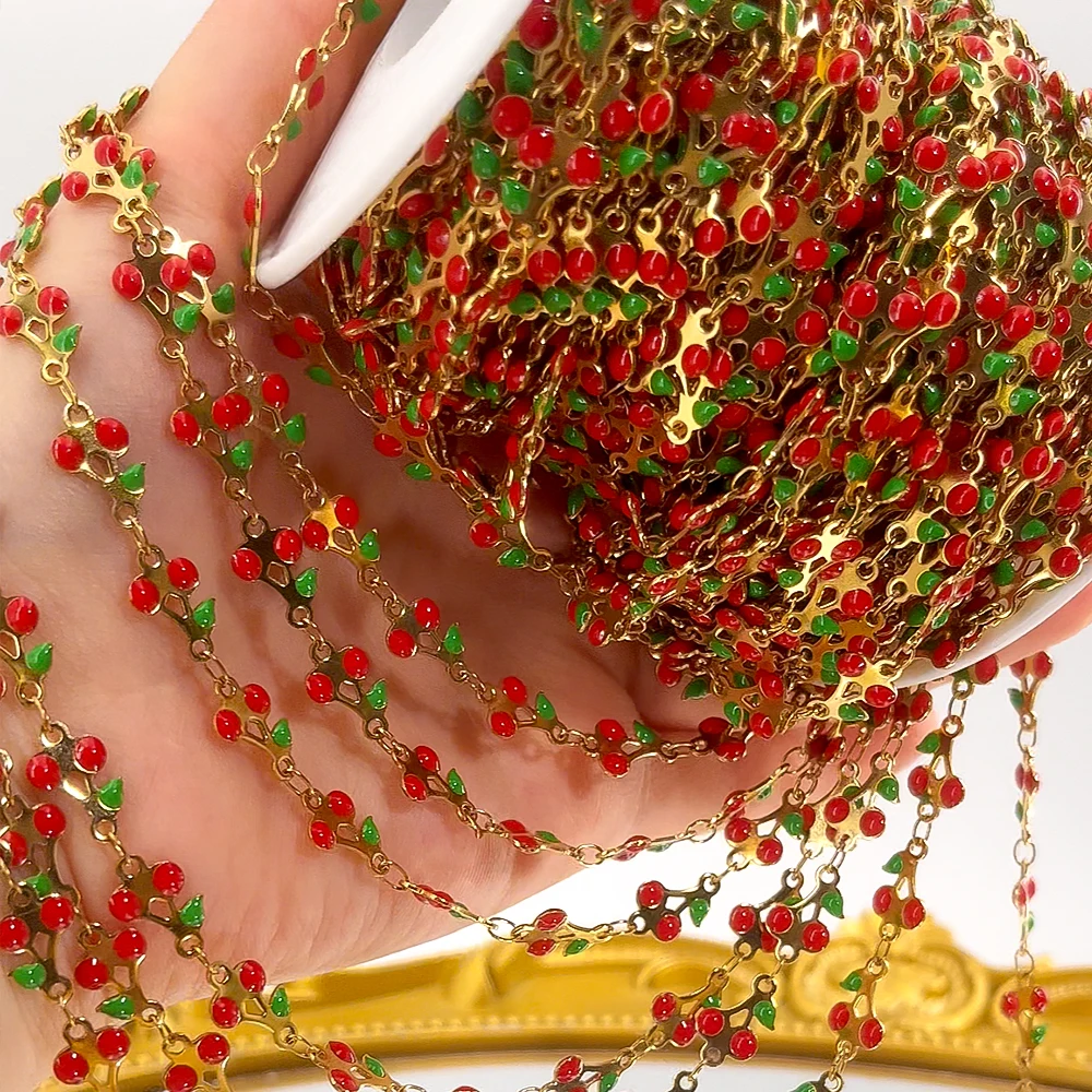 1M 0.5M Stainless Steel Fruit Chain Two-sided Enamel Glitter Powder Cherry Bracelet Chain DIY Necklace Jewelry Accessories Craft