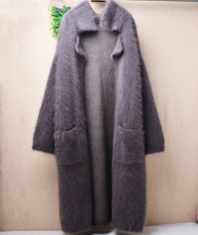 

1.2KG Heavy Female Women Fall Winter Mink Cashmere Knitted Suit Collar Long Sleeves Loose Long Sweater Cardigans Angora Overcoat